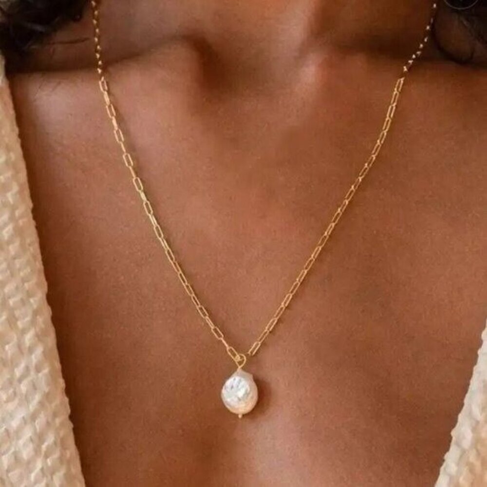 Classic Pearl Necklace Modern Gold Paperclip Chain Waterproof Jewelry Summer